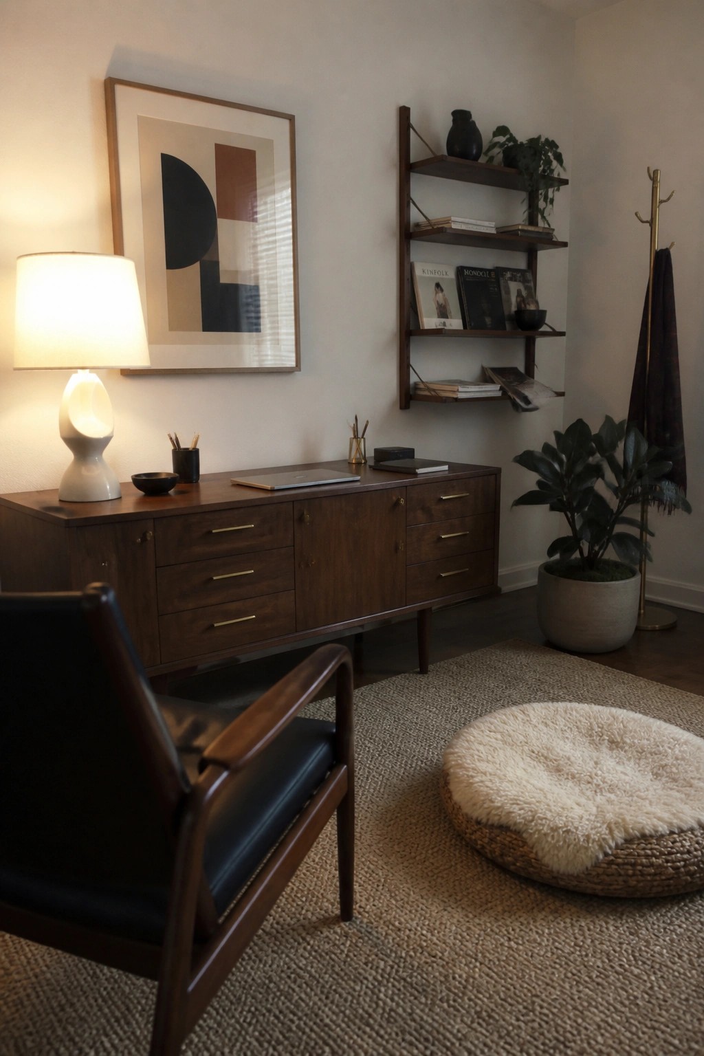 A wooden credenza serving as a desk beneath wall-mounted shelves in a home office with a leather chair and round pouf nearby.