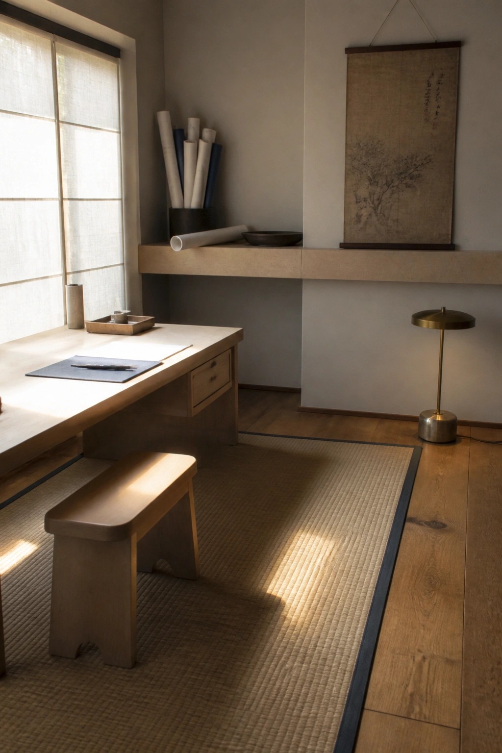 A minimalist Japanese-style home office with a low wooden desk and bench on a tatami mat, shoji screen window on the left, and a hanging scroll above a floating shelf.
