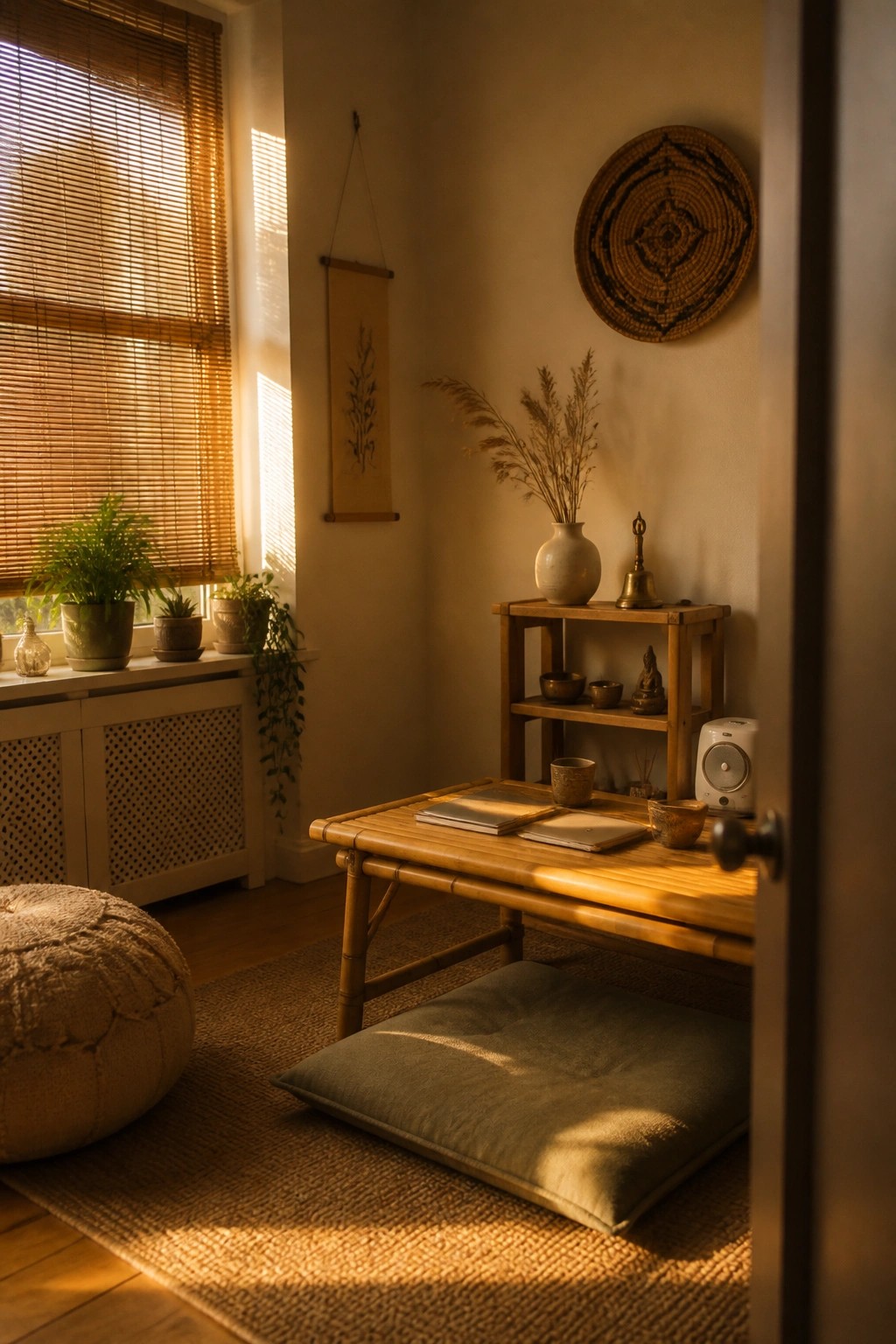A calm indoor corner with a low bamboo table on a woven rug, a green floor cushion, potted plants on a windowsill with bamboo blinds, and a wooden shelf holding vases and small objects.