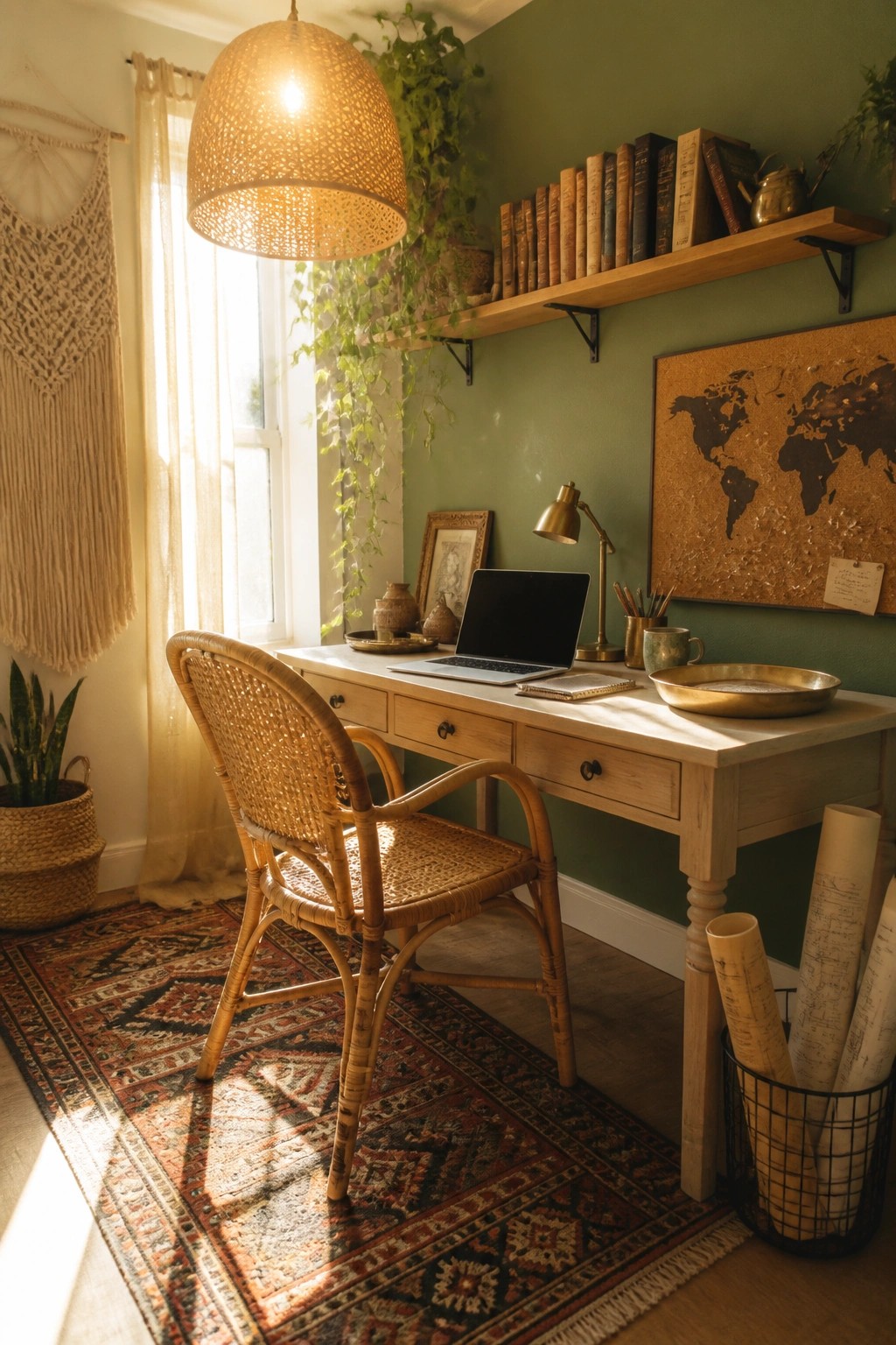 A home office with a wooden desk, rattan chair, large woven pendant lamp, green walls, plants, and a world map.