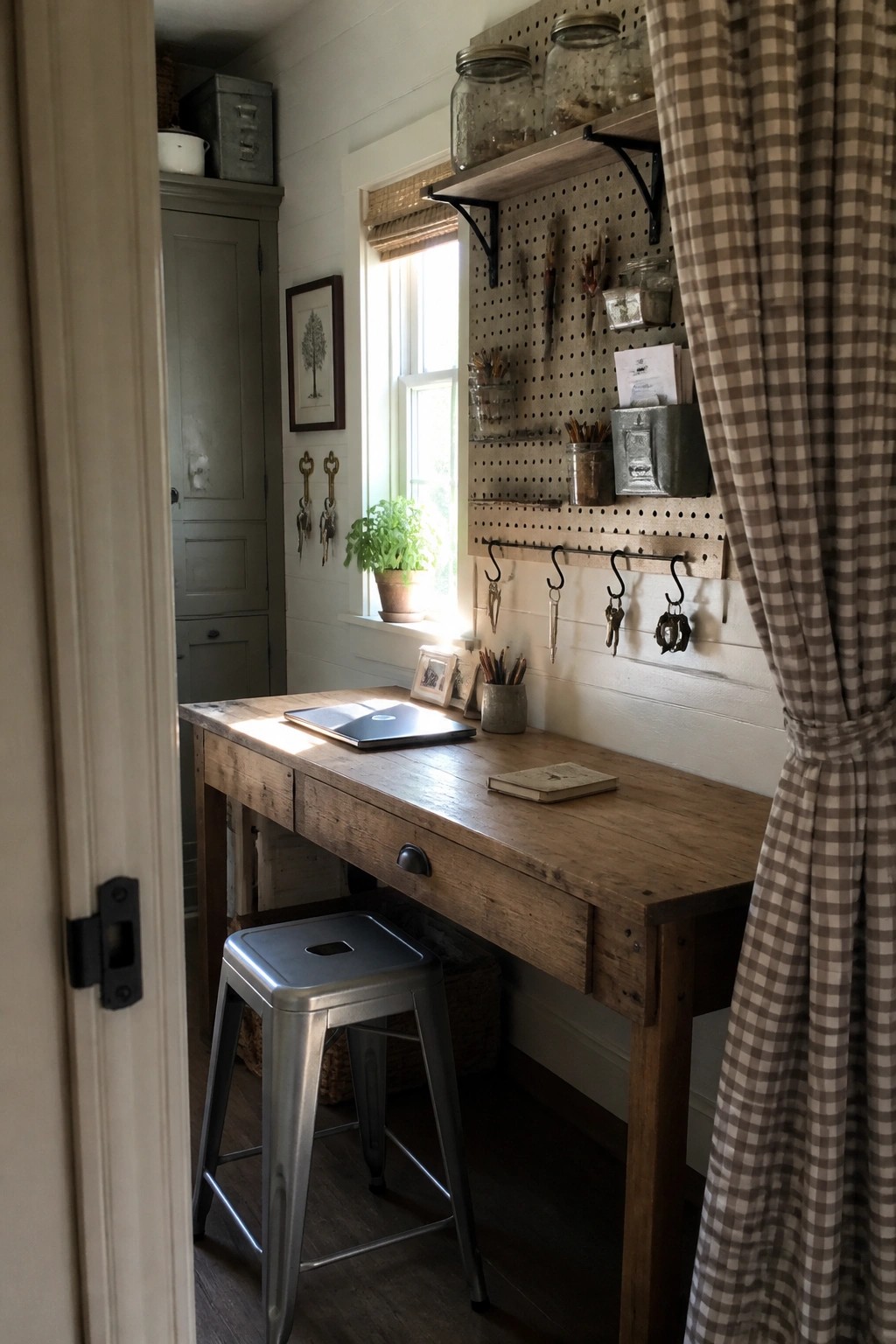A wooden desk with a laptop and stool sits below a pegboard wall fitted with hooks, keys, and jars next to a window.