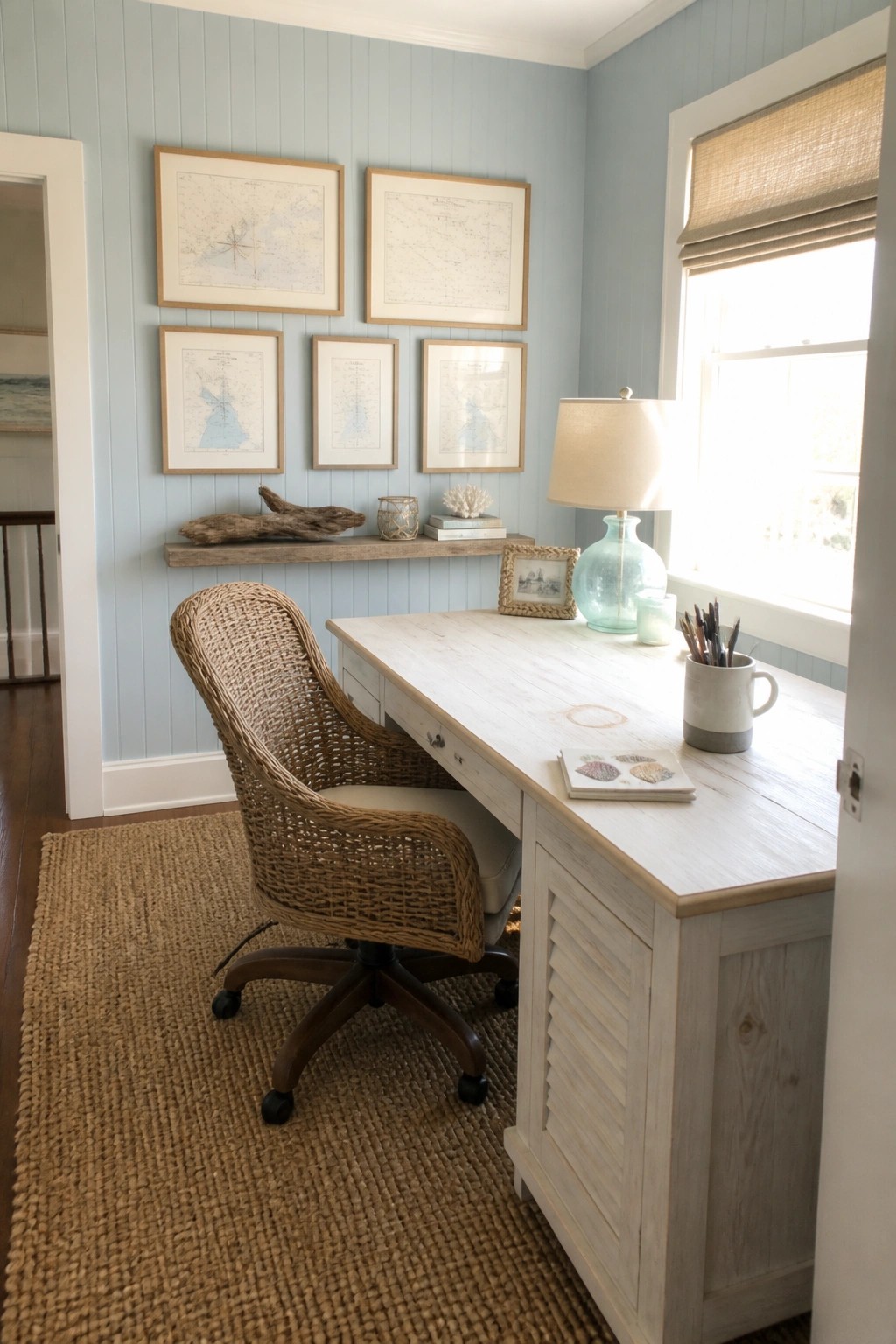 Wooden desk and wicker chair in coastal office with nautical maps on blue walls