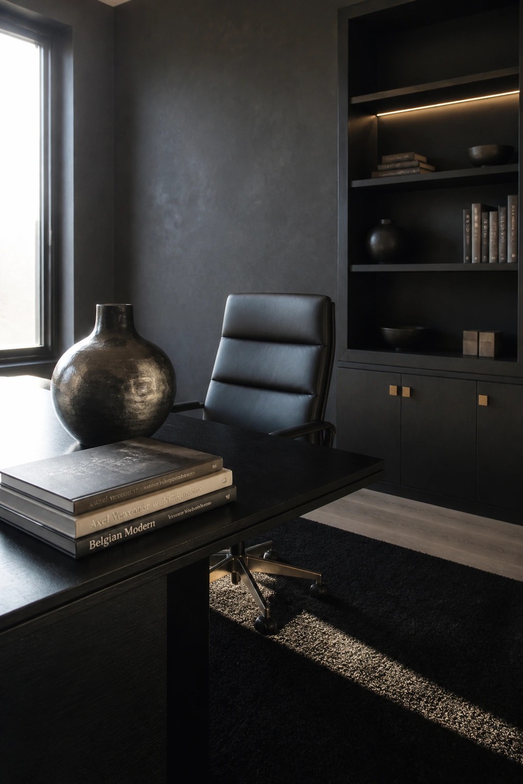A modern home office with black walls, a black desk holding stacked books and a large dark vase, a black leather office chair, and built-in dark shelving with books and decor items.