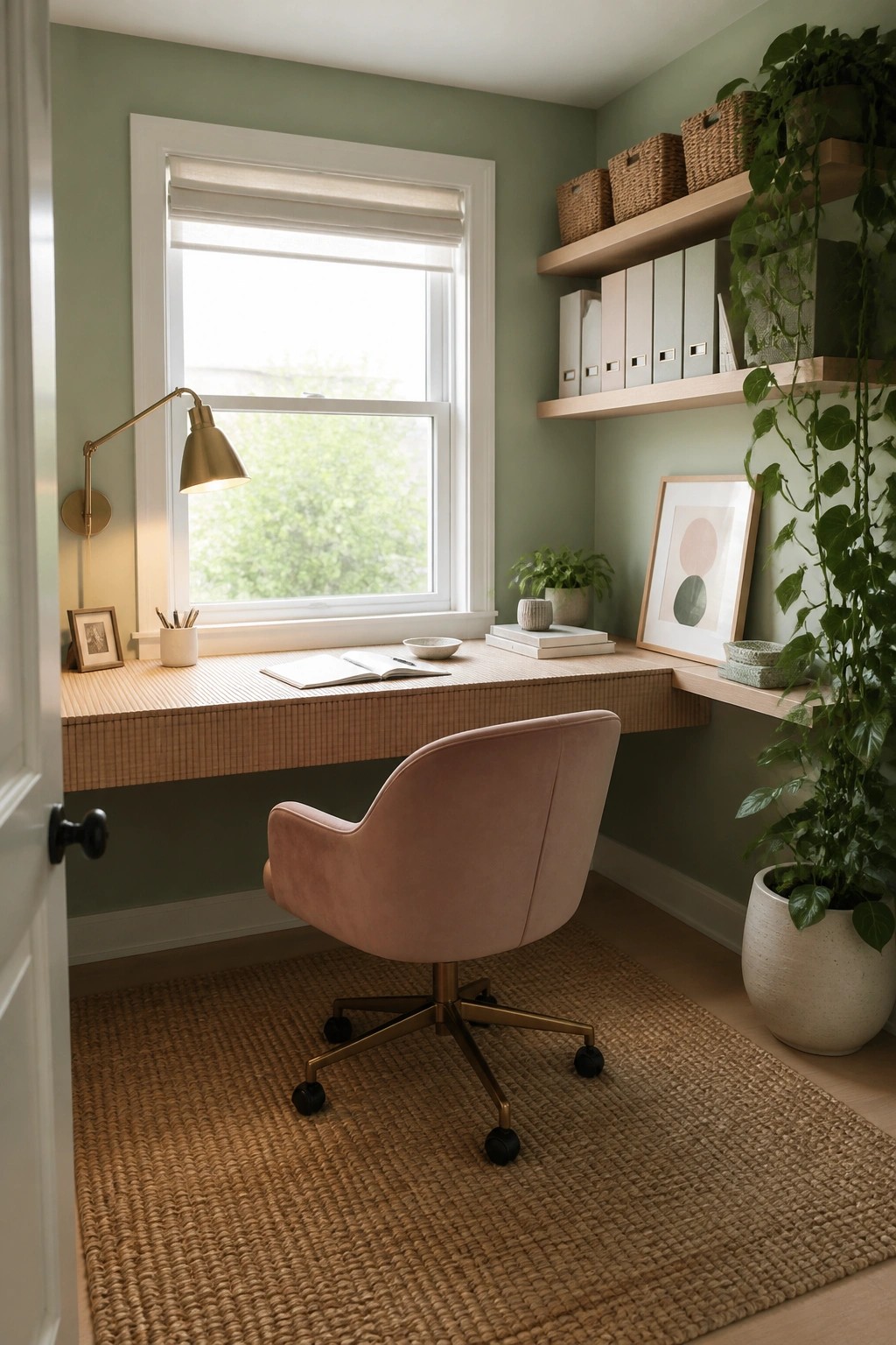 A home office featuring a built-in wooden desk beneath a white window, a pink upholstered swivel chair on a woven rug, and light wood floating shelves holding baskets, binders, and plants against sage green walls.