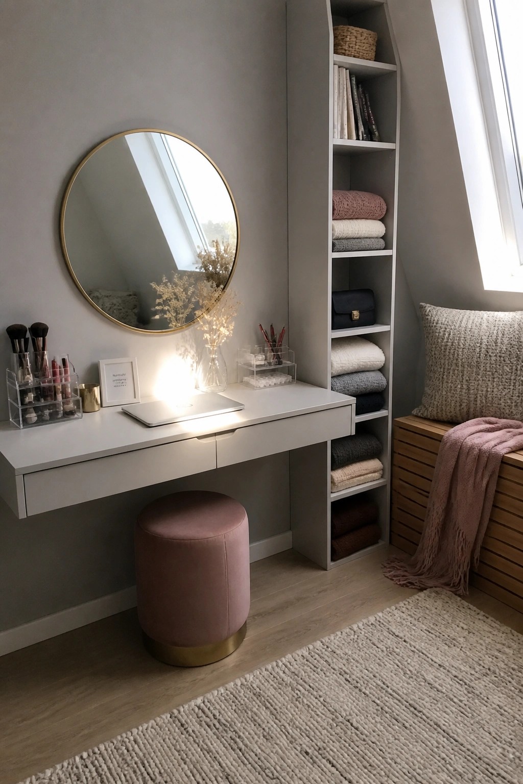 A white floating desk with drawers sits under a round gold-framed mirror, next to a tall narrow built-in shelving unit holding folded textiles and accessories in a softly lit room with gray walls.