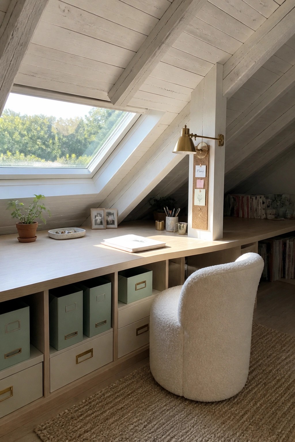A light wood built-in desk under a sloped ceiling with sage green and beige storage bins, a white bouclé chair, and a window with a view of trees.