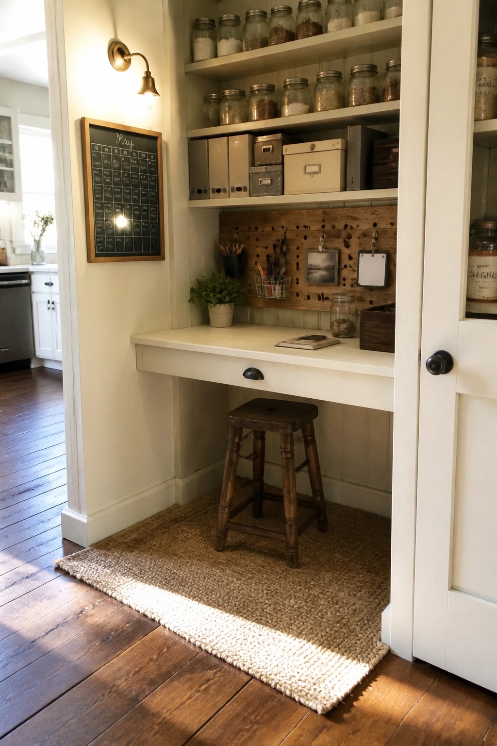 Built-in white desk with wooden stool, woven rug, jar shelves, and May chalkboard.