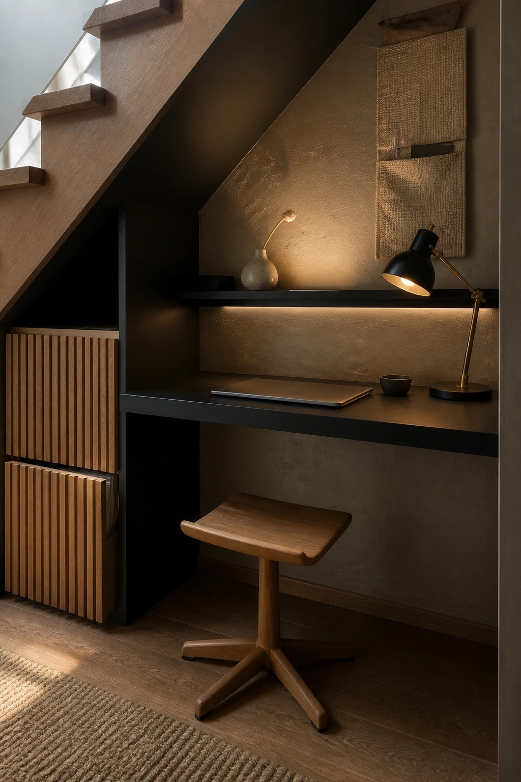 A small wooden desk with a laptop and black lamp is built into the space under a staircase, with vertical wood cabinets on the left and a wooden stool in front.