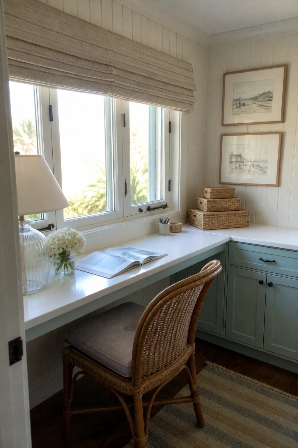 A small workspace with a white desk built under a multi-paned window, a woven chair with a cushion, an open book on the desk, and sage green cabinets along the right wall.