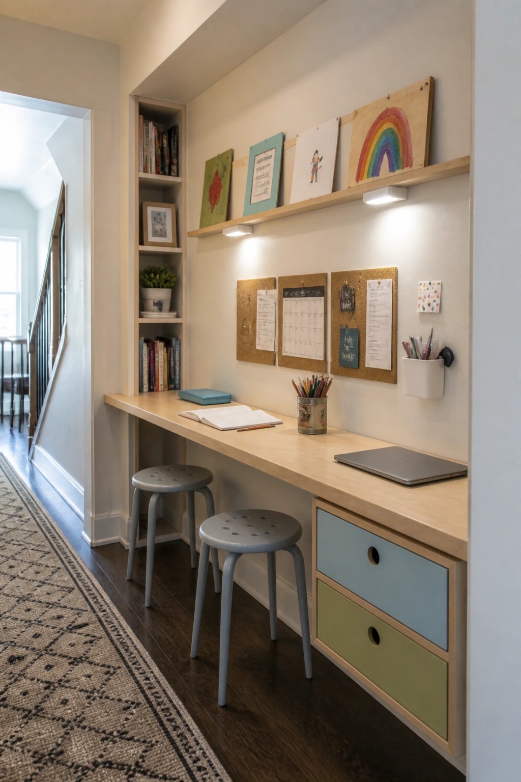 A narrow built-in desk with light wood top, blue and green drawers below, two gray stools, and wall shelves above holding books and papers.