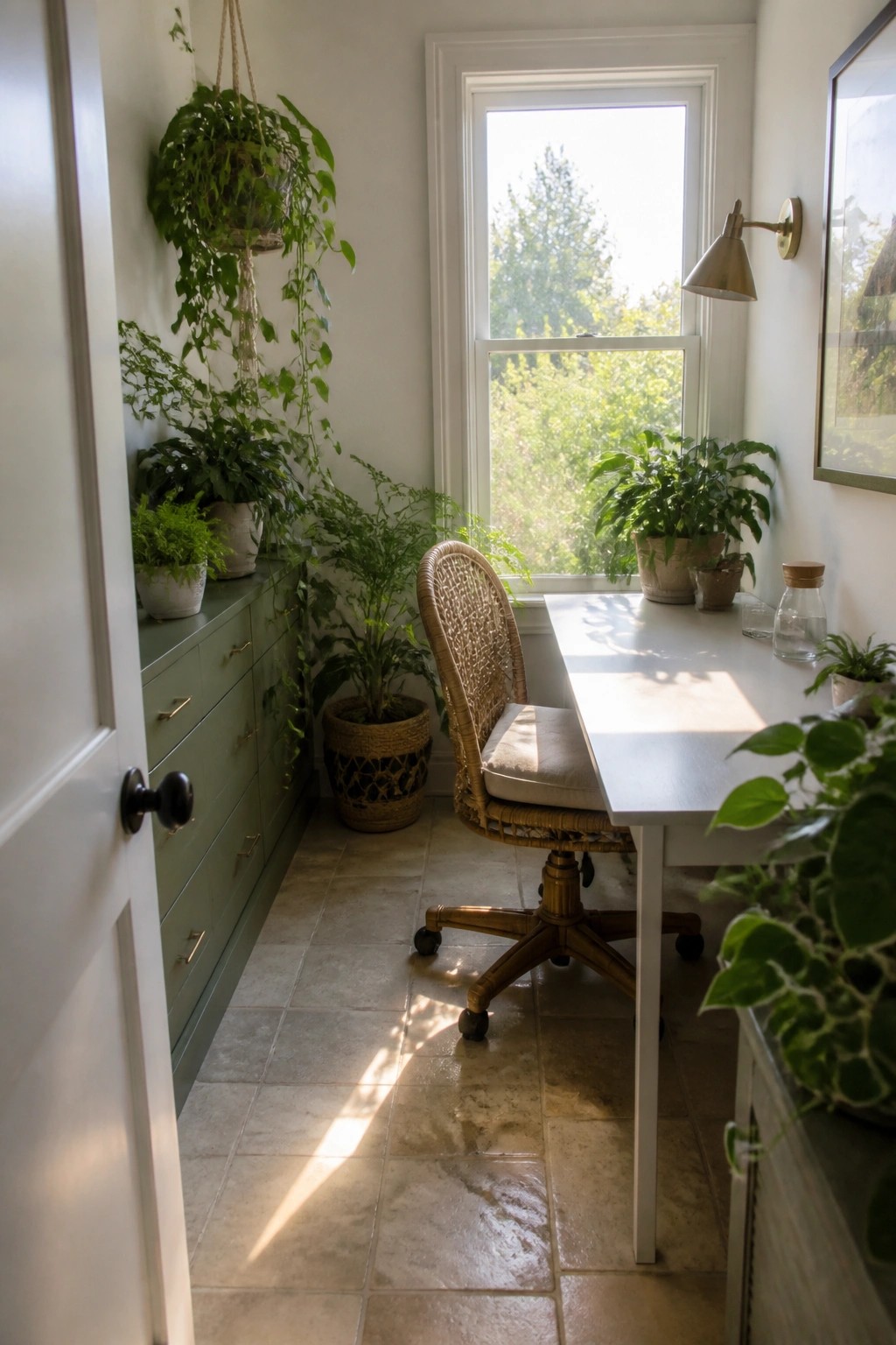 A narrow indoor office with a white desk under a window, a woven rolling chair, green cabinet storage along one wall, and numerous potted plants on the floor and shelves.