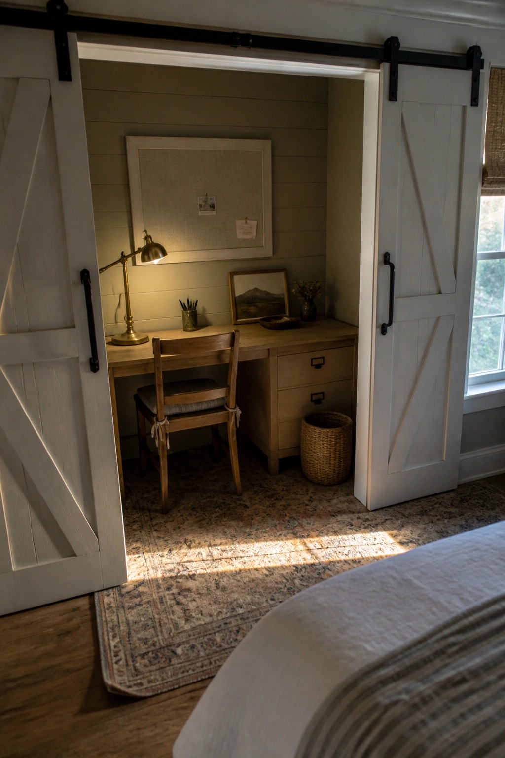 A compact wooden desk and chair inside a closet alcove, framed by open white sliding barn doors on a black track, with a patterned rug on the floor.