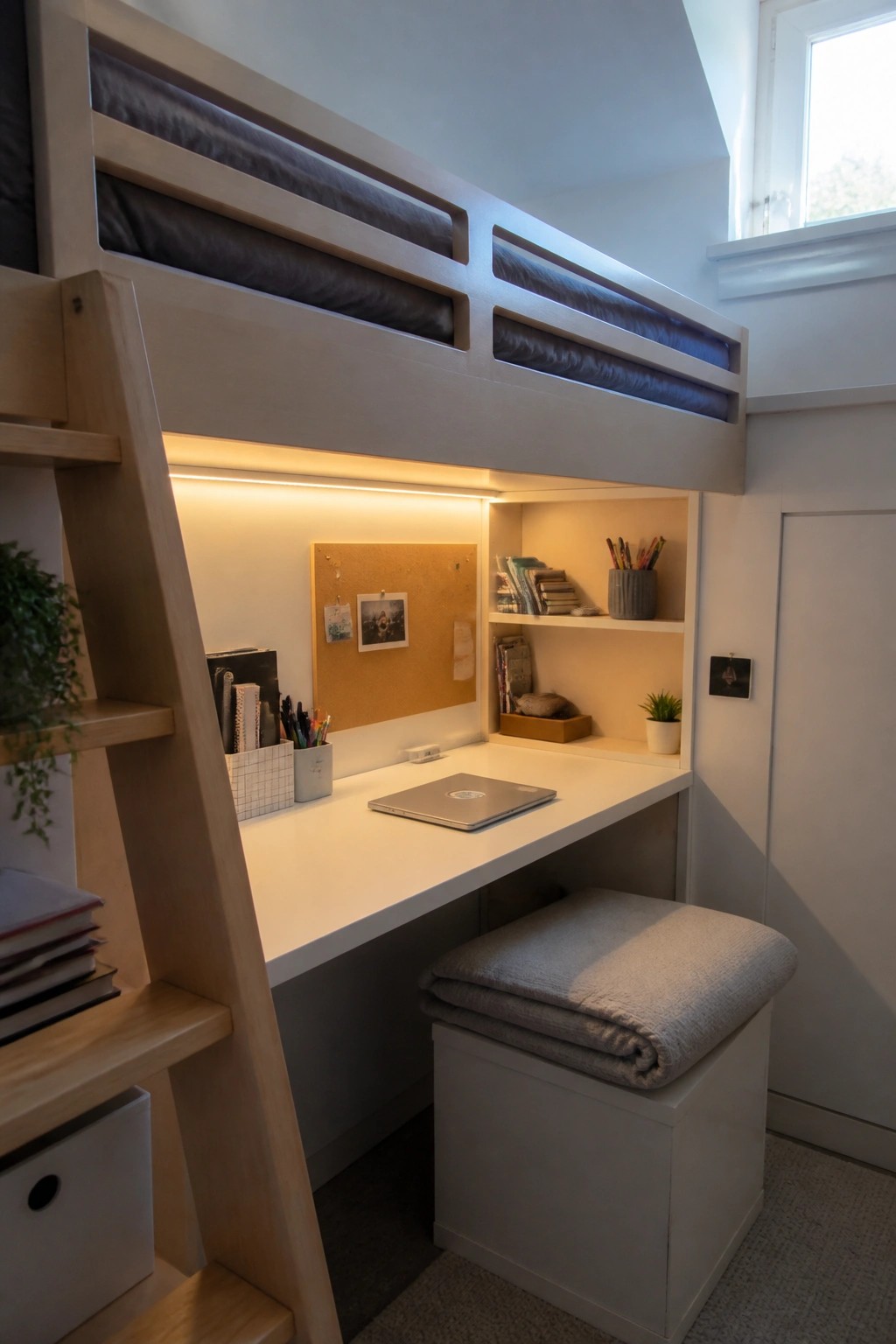 A wooden loft bed with an integrated desk and storage shelves underneath in a compact room.