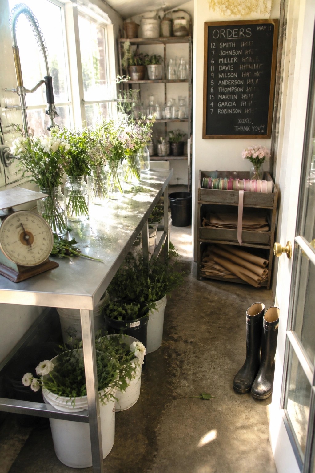 A stainless steel worktable in a bright room holds glass jars of flowers with a chalkboard listing orders on the wall nearby.