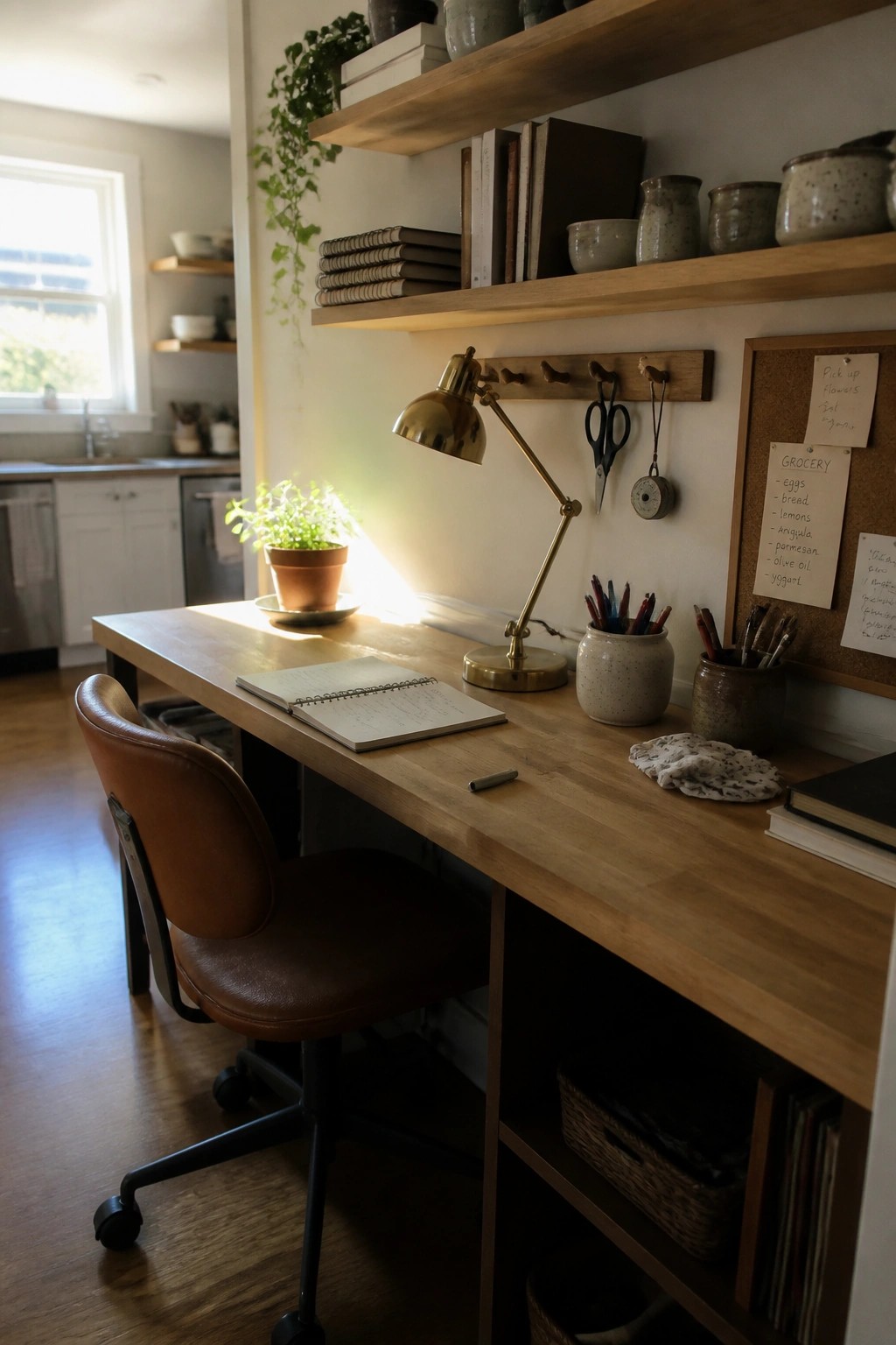 A wooden desk with an open notebook and brass lamp sits under wall shelves and a peg rail holding scissors and tools, next to a corkboard with notes.