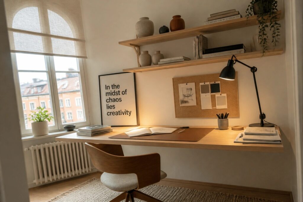 Minimalist wooden desk under arched window with black lamp, shelves, and chair
