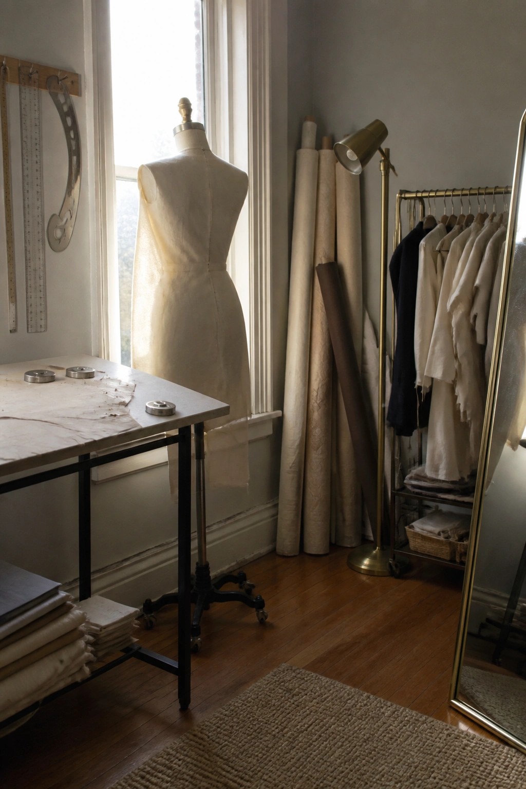 A sewing workspace with a dress form by a tall window, fabric rolls leaning against the wall, a work table with pattern weights, and a clothing rack with garments.