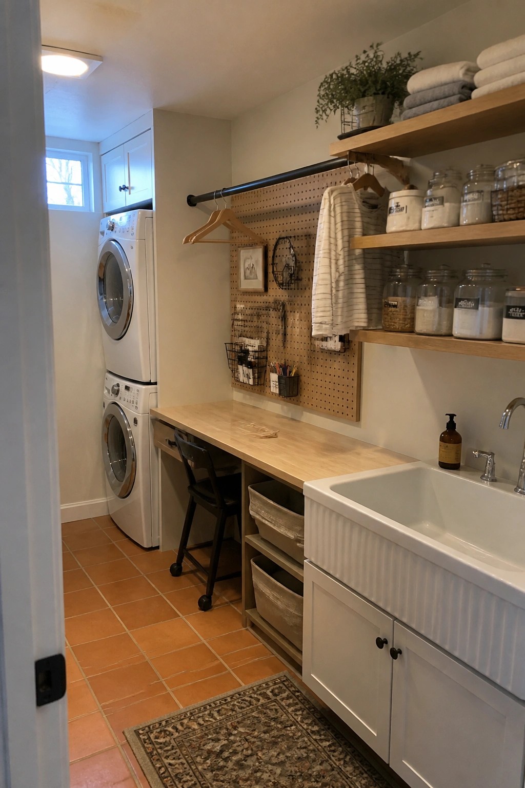 A laundry room interior with stacked white washer and dryer, a long light wood countertop desk with chair, pegboard organizer, open wood shelves with jars and towels, and a white farmhouse sink.