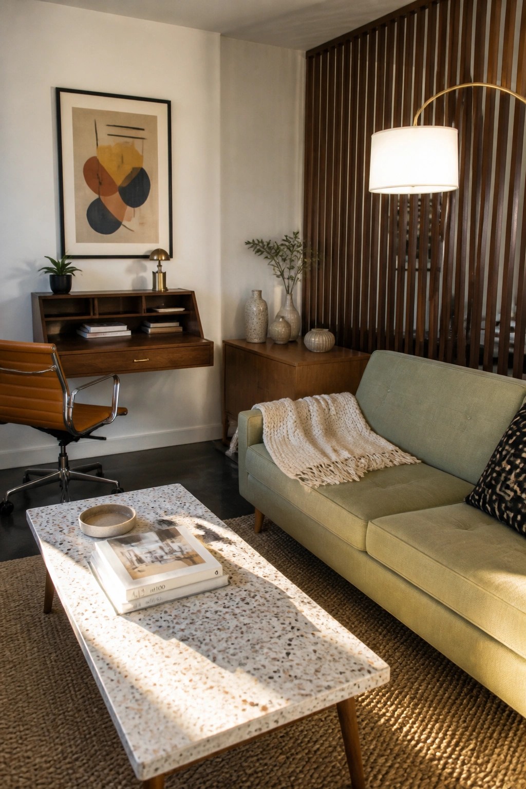 A living room featuring a wall-mounted wooden desk with an orange office chair, a green sofa, a terrazzo coffee table, and abstract artwork on the wall.