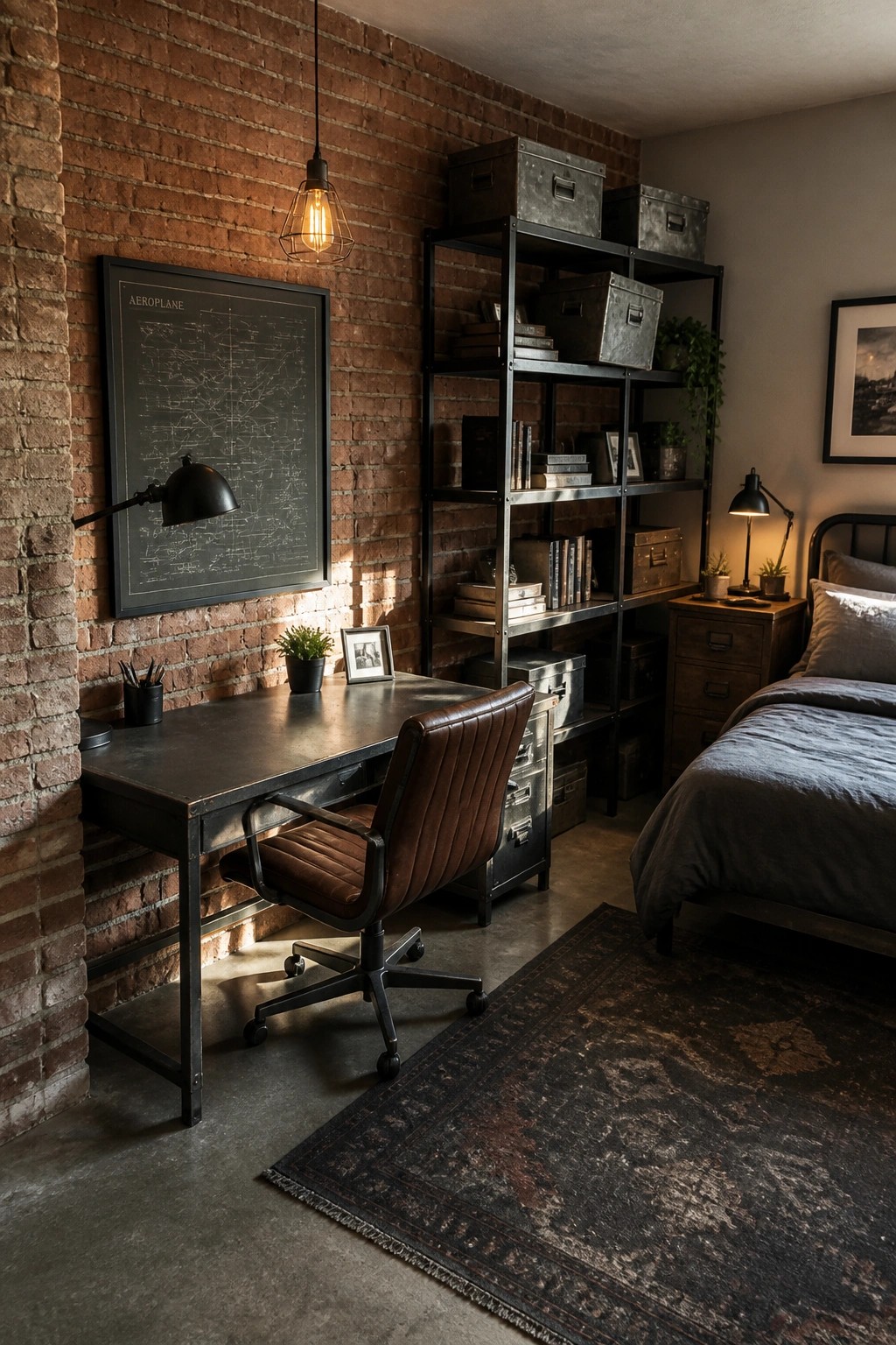 A workspace area with a dark metal desk, brown leather chair, and black open shelving unit filled with books and storage boxes, set against a red brick wall next to a bed.