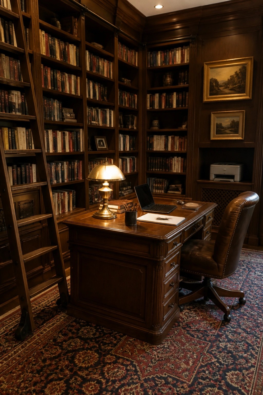 A traditional home office with dark wood built-in bookshelves, a large wooden desk with a brass lamp, a brown leather chair, and a rolling library ladder on a patterned rug.