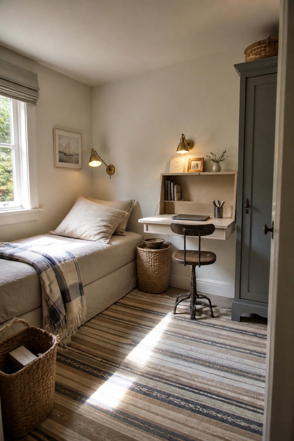 Cozy neutral bedroom with bed, built-in desk, stool, striped rug, and wardrobe.