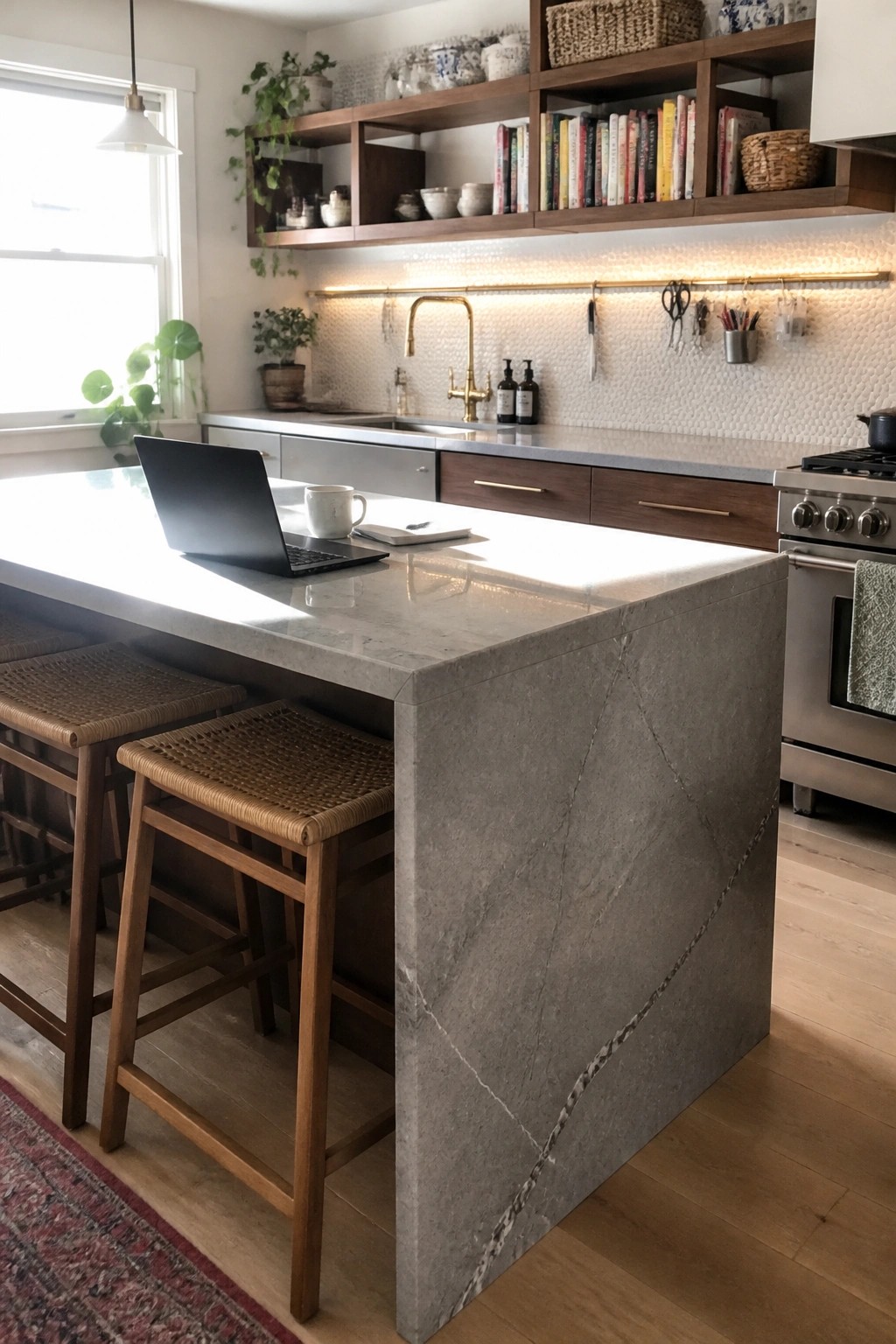 A kitchen island with a laptop, mug, and notebook on the marble top, wooden stools with woven seats along one side, and open shelving above the counter in the background.