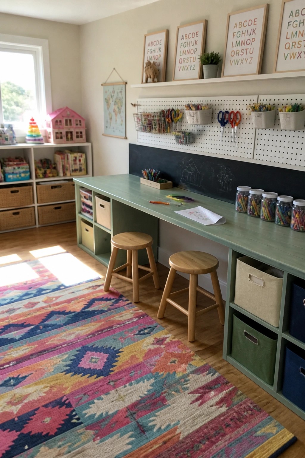 A long mint green desk with cubby storage below, two wooden stools, a chalkboard wall section, and a white pegboard with bins and tools mounted above it in a children's room.