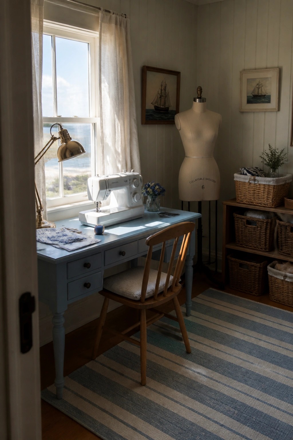 Sewing machine on blue desk by ocean-view window, mannequin, baskets, and striped rug