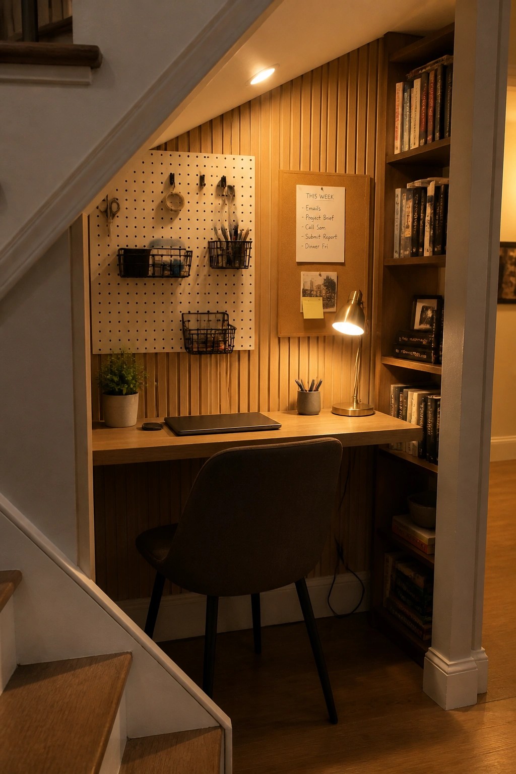 A compact wooden desk and chair placed under a staircase, with a pegboard organizer on the wall, bookshelves on the right, and a lit desk lamp.