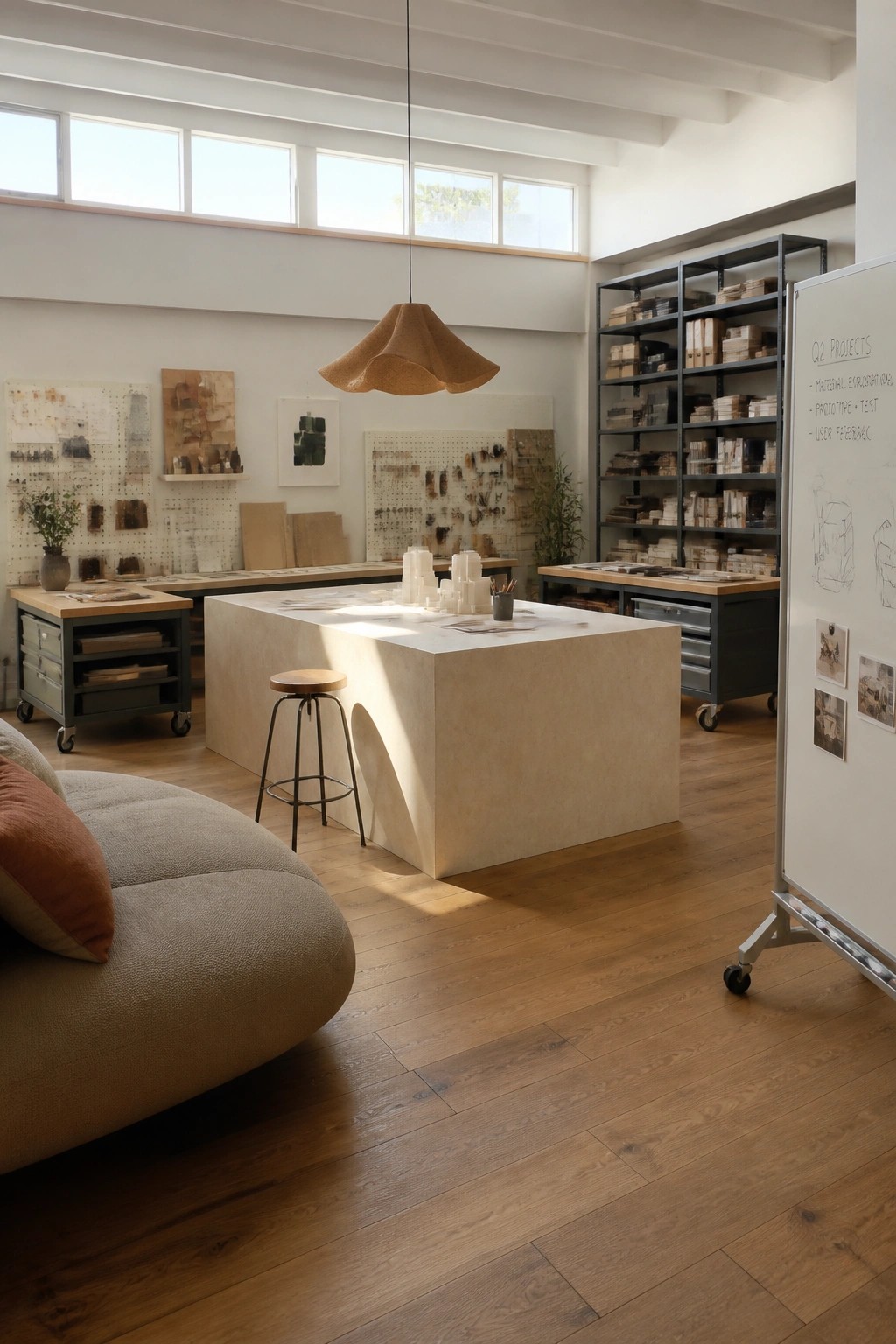 A spacious creative studio with a large central work island, wooden floors, tall black shelving units, pegboards on the walls, and a rolling whiteboard.