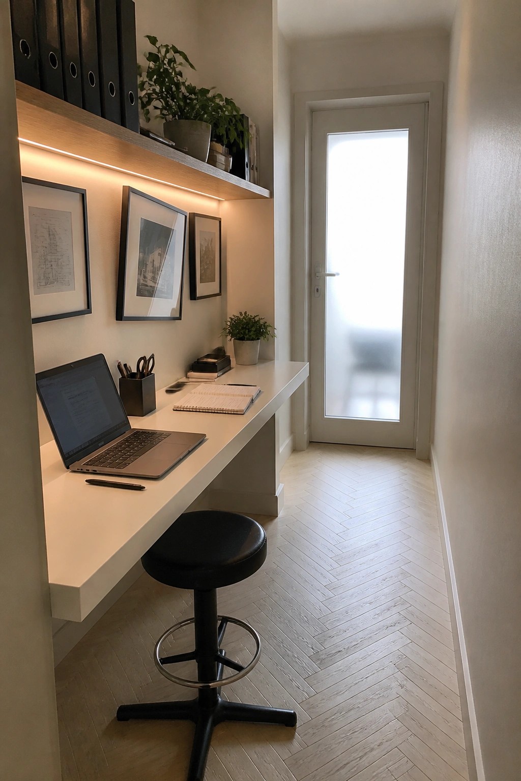 A narrow interior room with a long white built-in desk, laptop, black stool, wall art, and upper shelf with binders and plants.