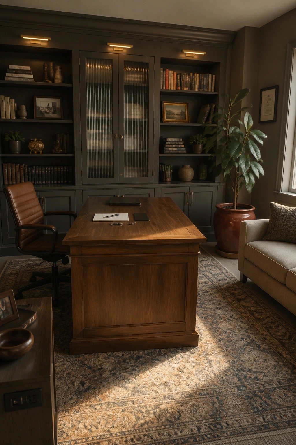A home office features a large wooden desk in front of dark built-in bookshelves and cabinets, with a brown leather office chair on a patterned rug.