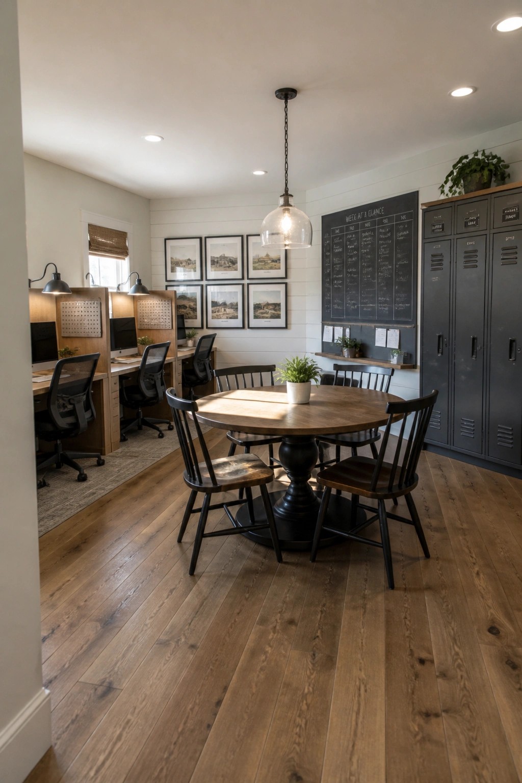 Round wooden table with black chairs in home office with desks, chalkboard and lockers.