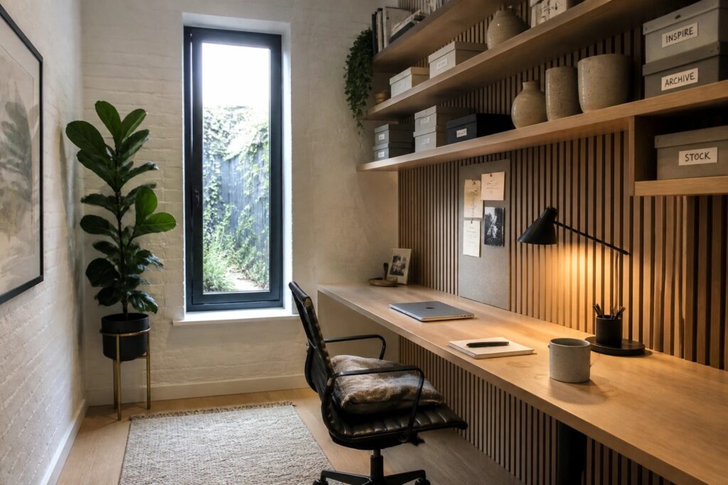 20 Practical Office Space Planning Ideas for Growing Teams A home office with a long wooden desk, black rolling chair, overhead wooden shelves holding boxes and books, a desk lamp, and a large window with natural light.