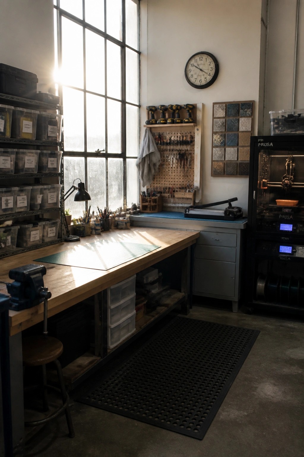 A bright workshop interior with a long wooden workbench, labeled storage bins on shelves, a pegboard of tools, and a 3D printer along the right wall.