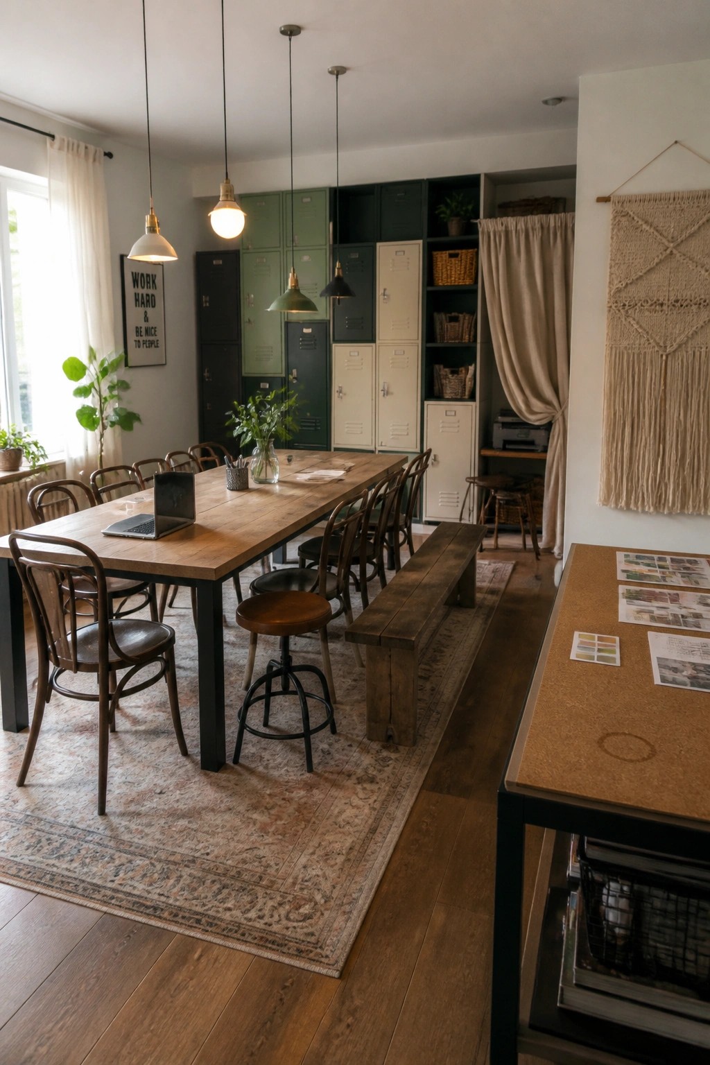 Rustic wooden table with chairs, bench, and stools in a locker-filled room with pendant lights.