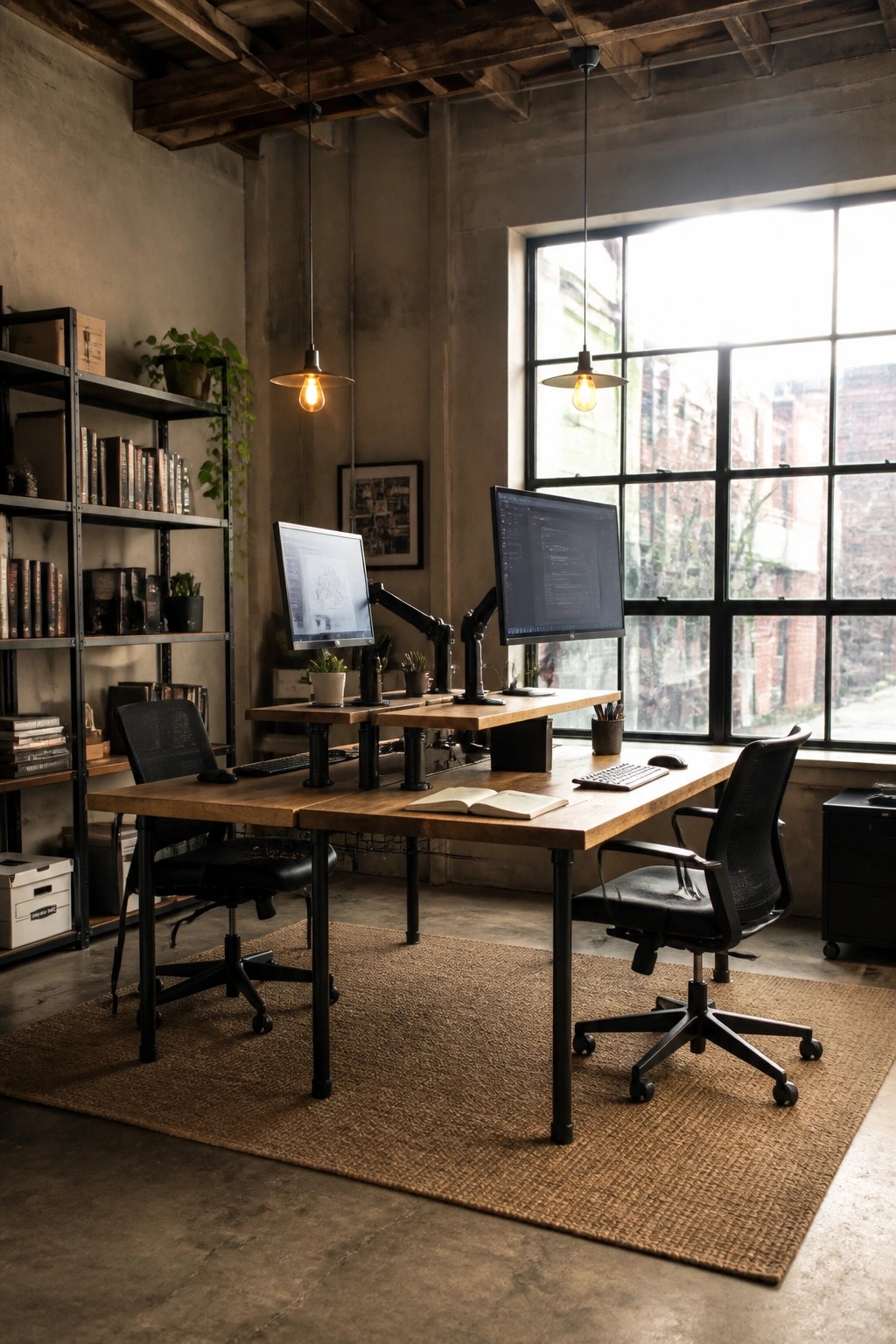 Two black office chairs face a long wooden desk holding two computer monitors, keyboards, and an open notebook inside an industrial-style room with a large window and metal shelving.