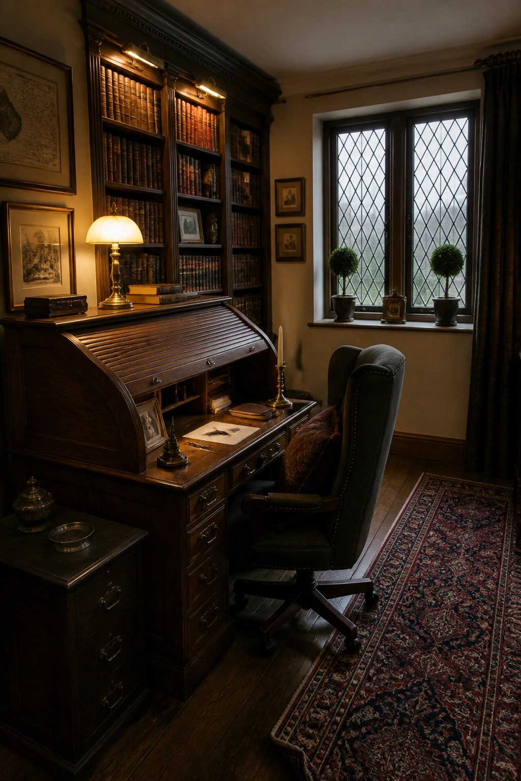 A traditional home office featuring a dark wooden roll-top desk positioned in front of built-in bookshelves filled with books, a window with diamond-patterned glass, and a patterned rug on the floor.