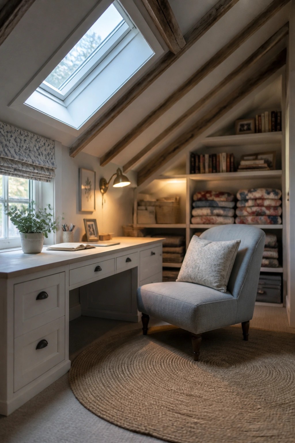 Cozy attic nook with white desk, blue armchair, bookshelves, skylight, and wooden beams.