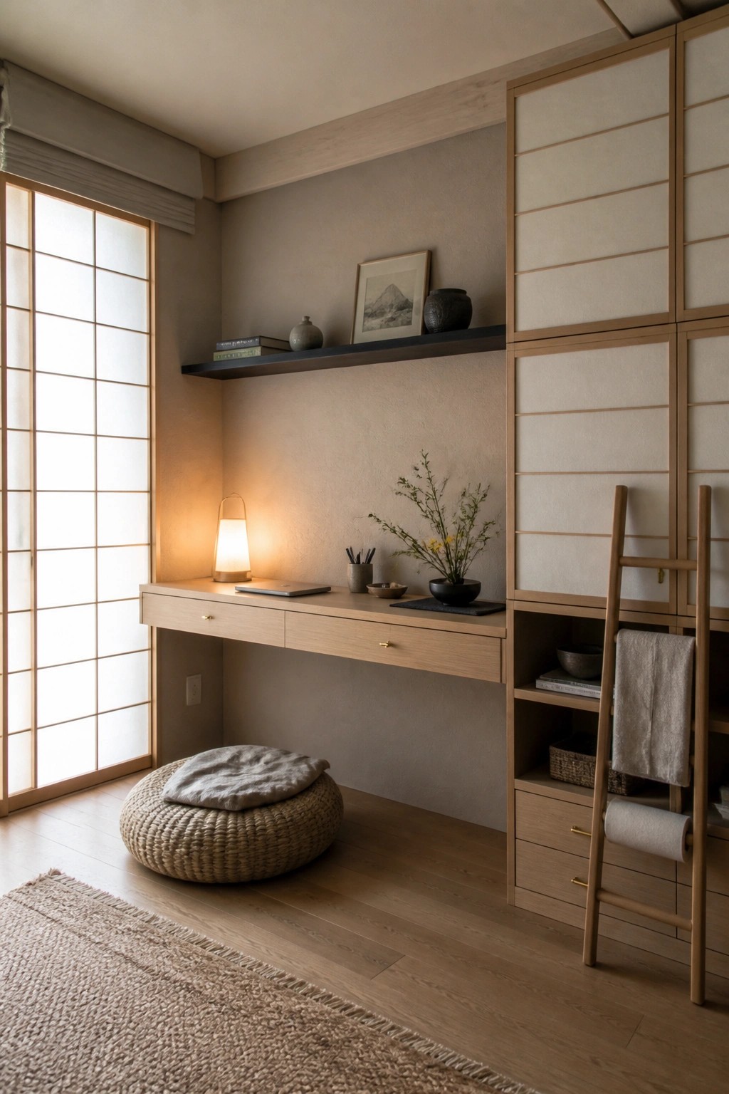 A minimalist interior room with a floating light wood desk, woven floor cushion, built-in cabinetry with open shelves, and shoji screens next to a large window.