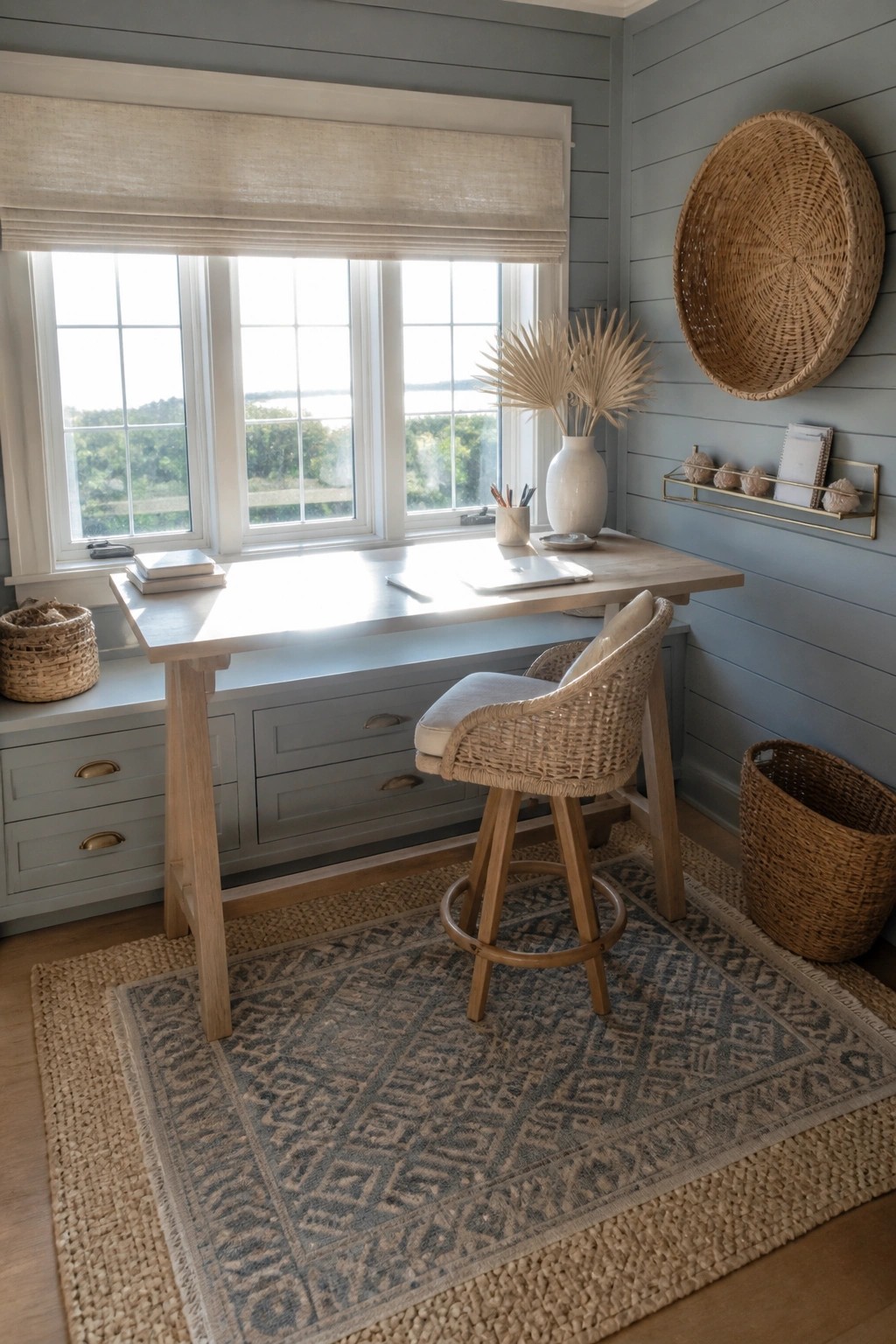 A light wood desk sits under a large window with a woven swivel chair on a patterned rug in a room with blue-gray walls.