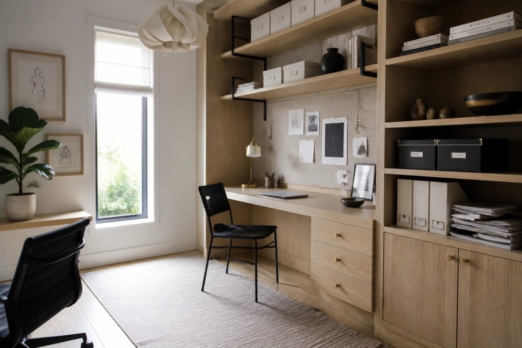 A light wood built-in desk and shelving unit in a home office with a laptop on the desk, black office chair, window to the left, and various storage boxes and items on the shelves.