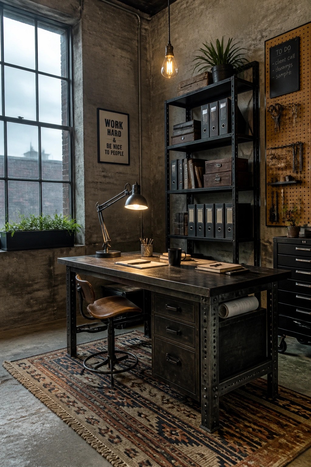Industrial office with wooden desk, metal shelves, swivel chair, desk lamp, and rug.