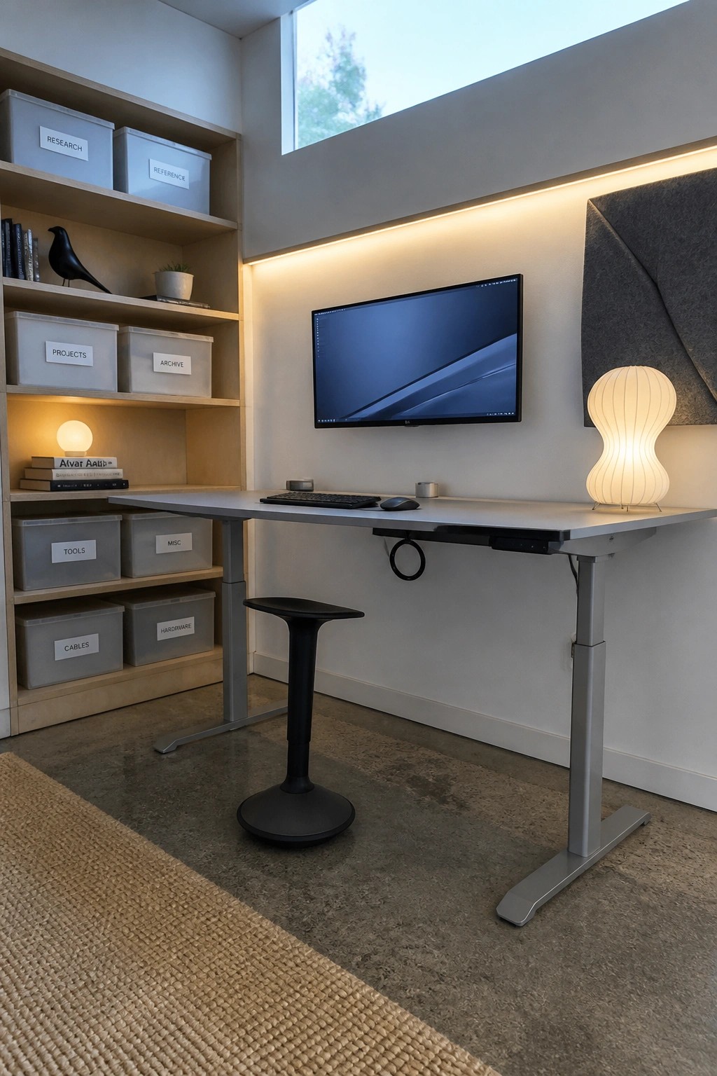 Modern standing desk with wall monitor, black stool, curved lamp, and labeled storage shelves.