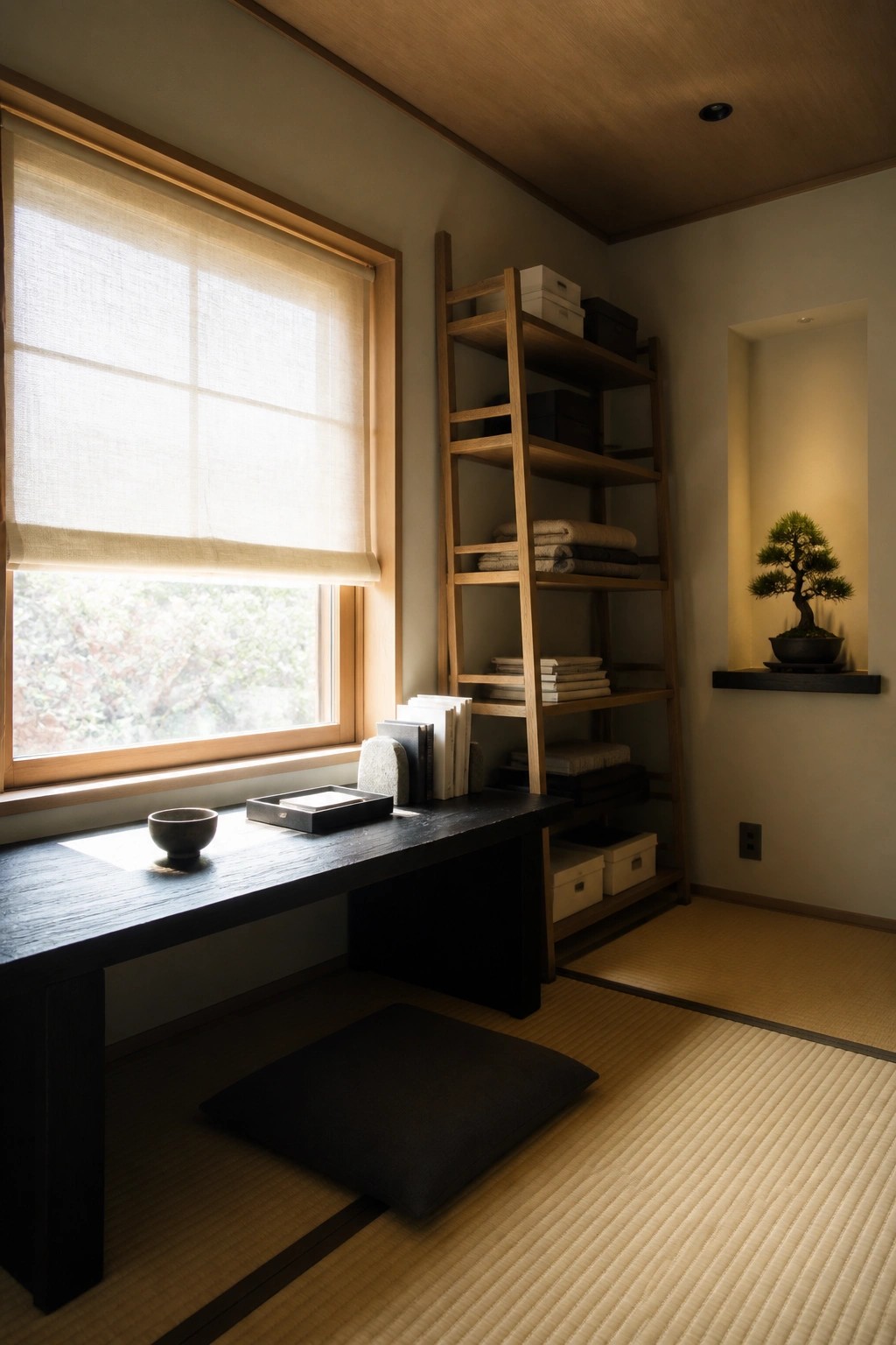 Minimalist Japanese room with tatami mats, low table, wooden shelves, and bonsai.