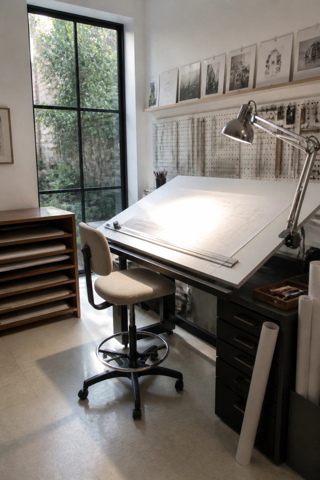 Bright studio with angled drafting table, lit drawing, swivel chair, lamp, and window