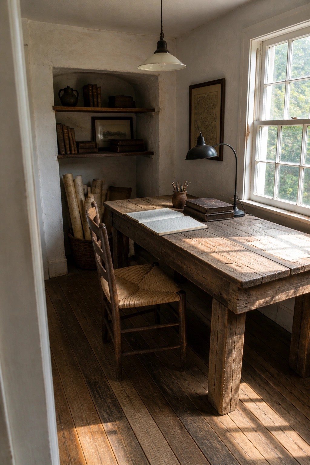A rustic wooden desk with an open notebook sits under a window in a small room with a woven chair, wall shelves of books, and a hanging lamp.