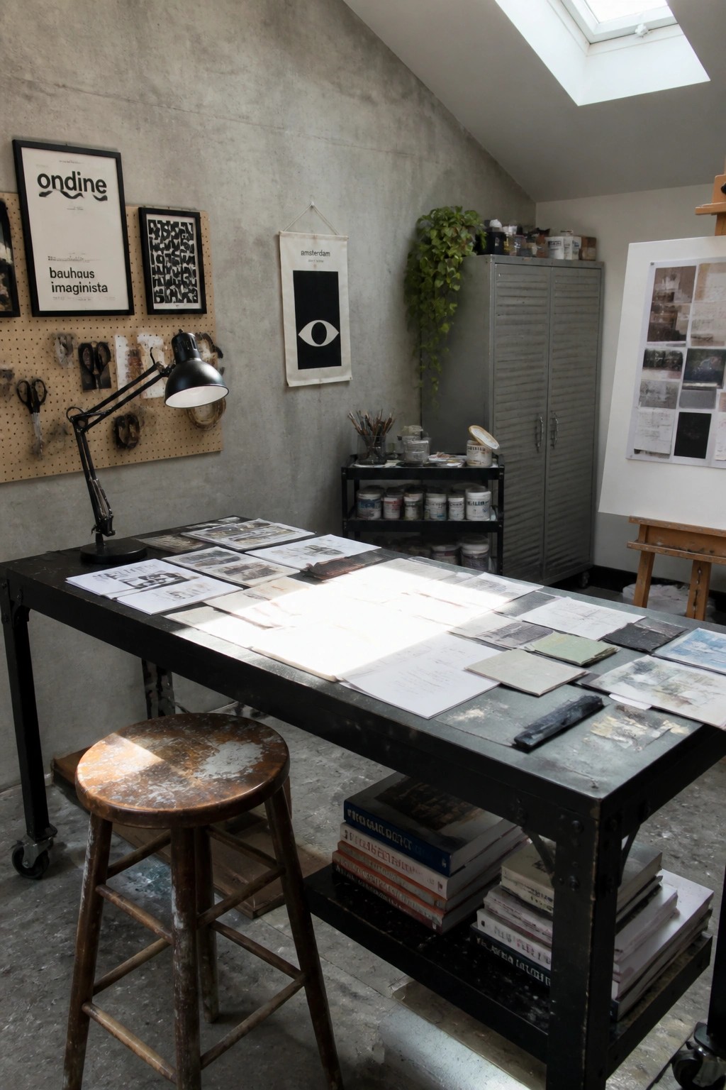 A black metal work table with papers spread across the top and stacks of books on the lower shelf, next to a wooden stool in a concrete-walled studio.