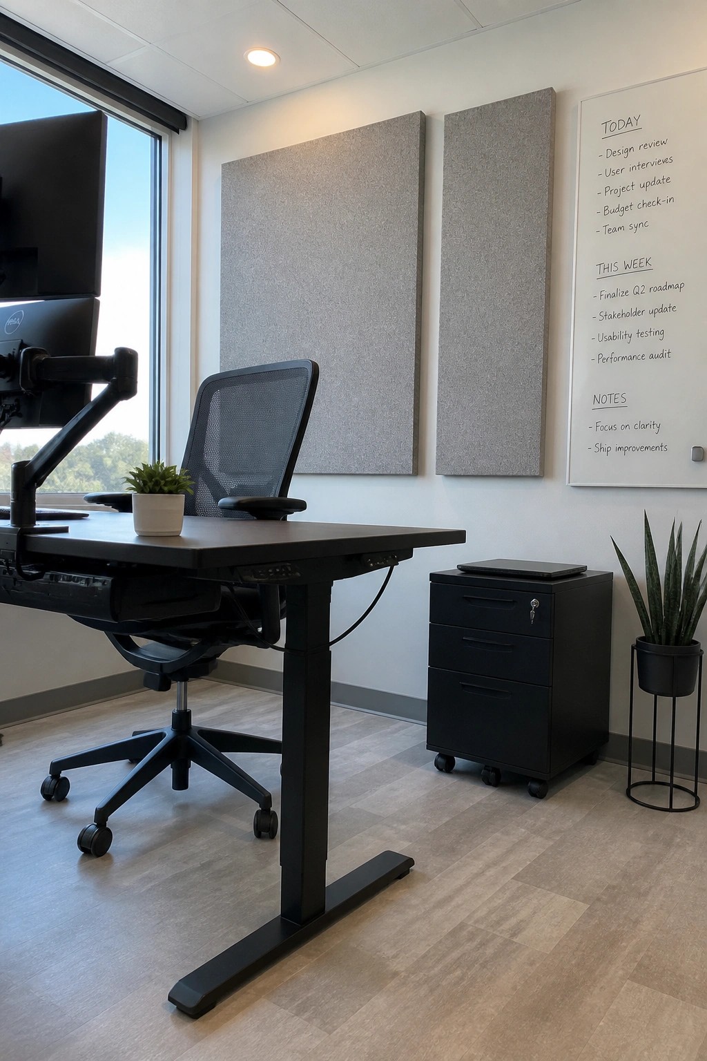 A modern office interior showing a height-adjustable desk, ergonomic chair, computer monitor on an arm, black filing cabinet, whiteboard with task lists, and two large gray acoustic wall panels.